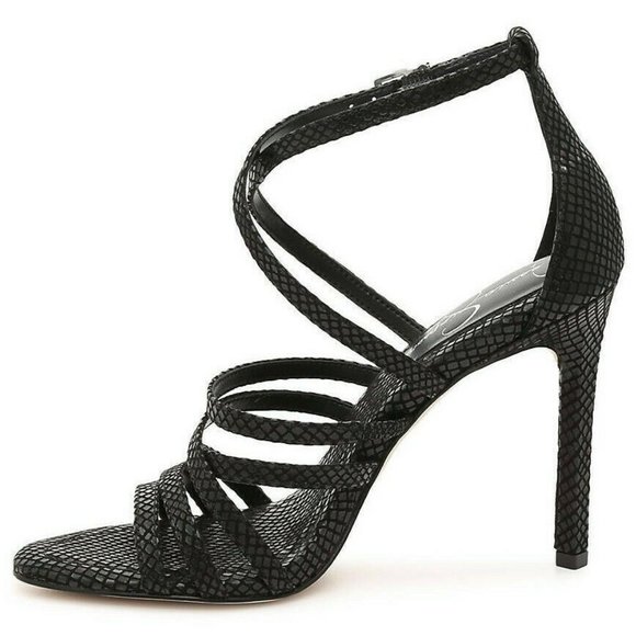 NEW JESSICA SIMPSON Black Snake Print Strappy Heel Sandal Shoes - Picture 2 of 4